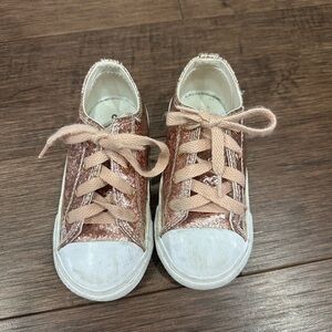 Converse Kids Rose Gold Glitter Sneakers with Pink Laces